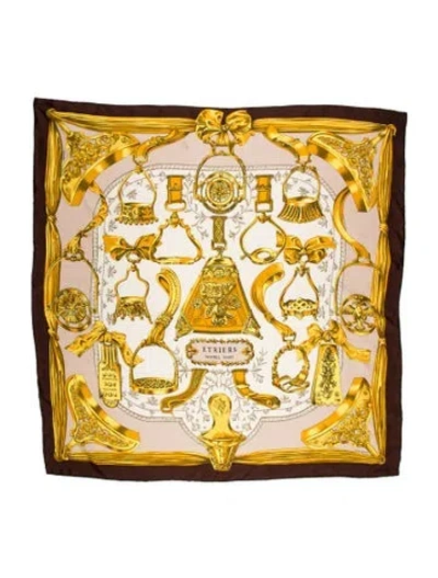 Pre-owned Hermes Etriers Silk Scarf In Brown