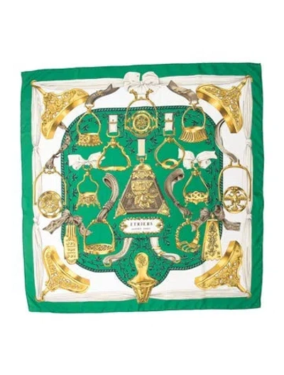 Pre-owned Hermes Etriers Silk Scarf In Green