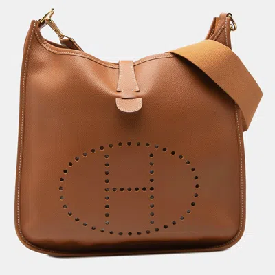 Pre-owned Hermes Evelyne 33 Gold Clemence Calfskin Leather Crossbody Bag In Brown
