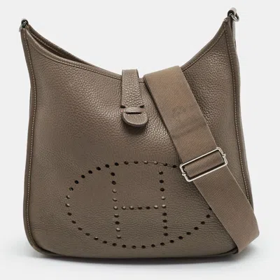 Pre-owned Hermes Evelyne Iii Gm Etoupe Taurillon Clemence Leather Shoulder Bag In Gray