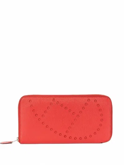 Pre-owned Hermes Evelyne Leather Wallet In Red