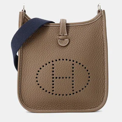 Pre-owned Hermes Evelyne Long Etoupe/blue Nuit Taurillon Clemence Tpm In Brown