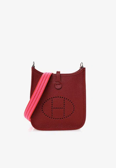 Pre-owned Hermes Evelyne Tpm In Rouge H Taurillon Clemence With Sangle Cordage Strap In Orange Field & Rose Tyrien In Red