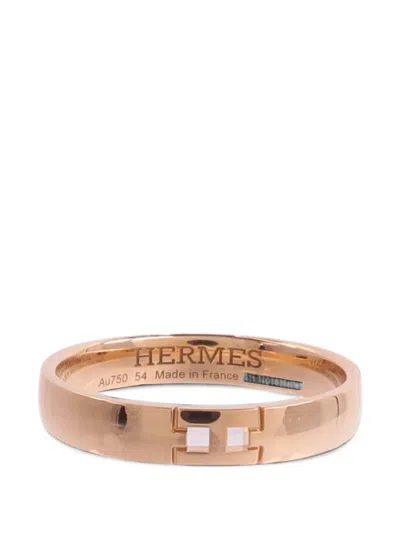 Pre-owned Hermes Ever Herakles Engraved-logo Ring In Pink