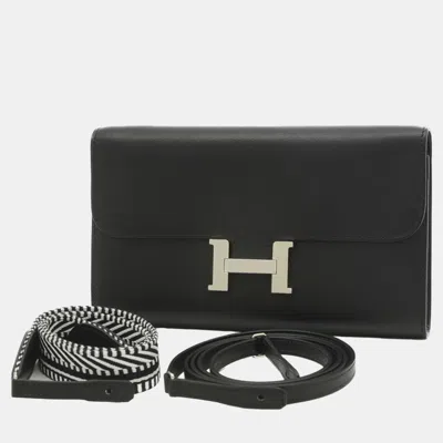 Pre-owned Hermes Evercolor Black With Separate Bandouliere Constance Two Go Wallet