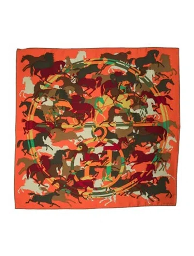 Pre-owned Hermes Ex Libris En Camouflage Silk Scarf W/ Tags In Orange
