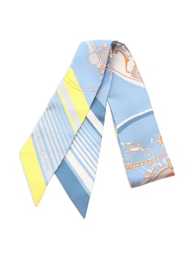 Pre-owned Hermes Ex-libris Ribbon Scarf In Blue