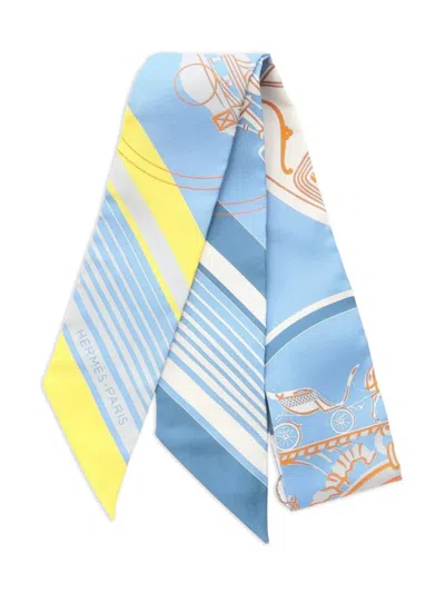 Pre-owned Hermes Ex-libris Ribbon Silk Scarf In Blue