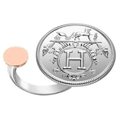 Pre-owned Hermes Hermès Ex Libris Ring Mm In 925 Silver And Rose Gold Size 57 In Red