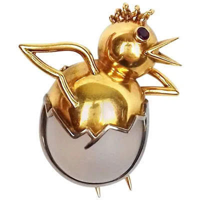 Pre-owned Hermes Exceptional Hermès Chick In Eggshell 2 Tones Gold Brooch Easter Theme Rare In Multi