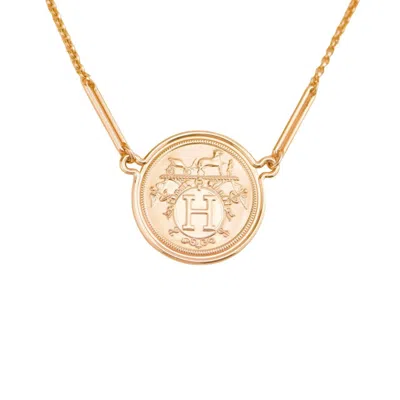 Pre-owned Hermes Hermès Ex-libris 18k Rose Gold Coin Pendant Necklace Very Large Model In Red