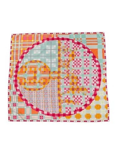 Pre-owned Hermes Ex-libris À Carreaux Silk Shawl In Orange