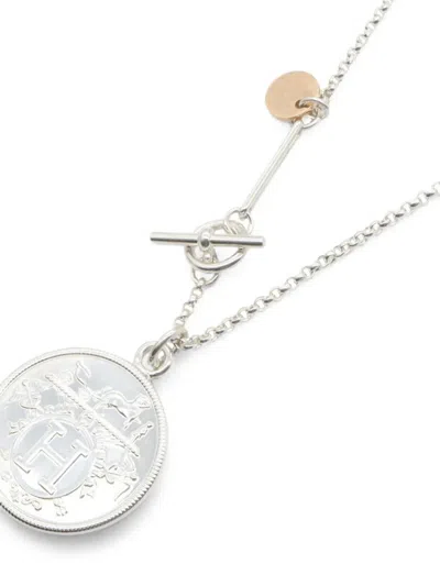 Pre-owned Hermes Ex-libris Pendant Necklace In Silver