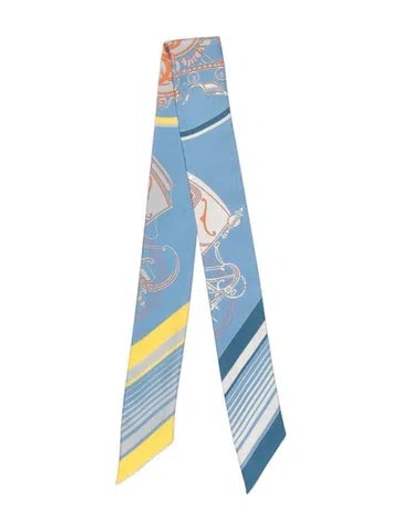 Pre-owned Hermes Ex-libris Silk Twilly Scarf In Blue