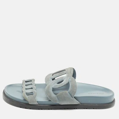 Pre-owned Hermes Extra Size 37 Blue Suede Slide Sandals