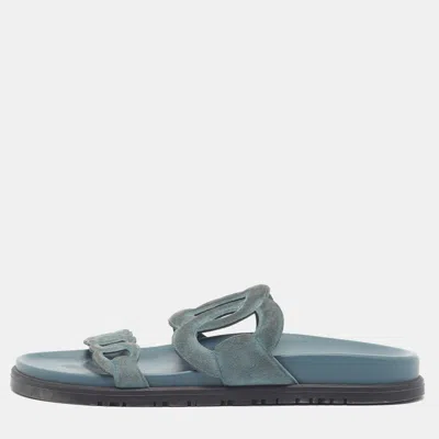 Pre-owned Hermes Extra Size 38 Blue Suede Slide Sandals