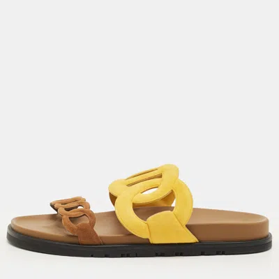 Pre-owned Hermes Extra Size 39 Yellow/brown Suede Flat Sandals