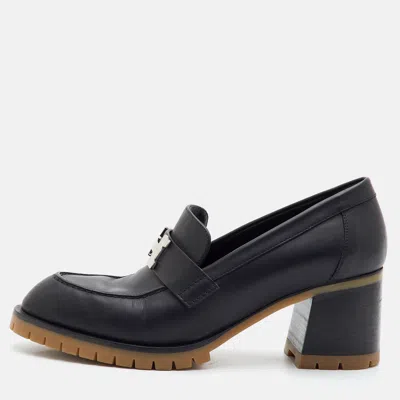 Pre-owned Hermes Faubourg Size 38 Black Leather Block Heel Loafers