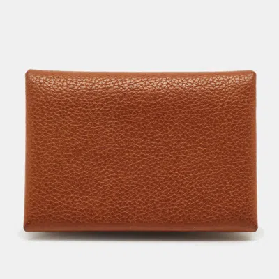 Pre-owned Hermes Hermès Fauve Barenia Faubourg Leather Calvi Duo Card Holder In Brown