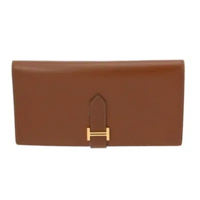Pre-owned Hermes Fauve Box Calf Leather Long Wallet (bi-fold) ()