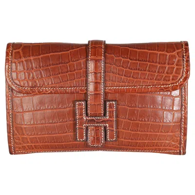 Pre-owned Hermes Hermès Fauve Crocodile Niloticus Lisse Mini Jige Clutch In Brown