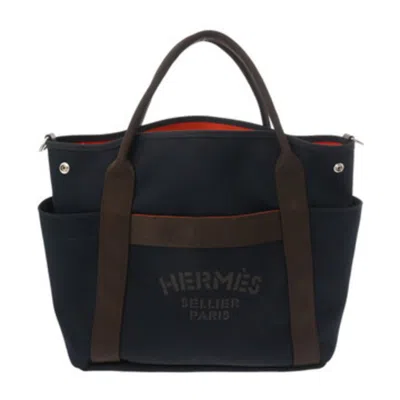 Pre-owned Hermes Feu Navy Toile Chevron Tote Bag ()