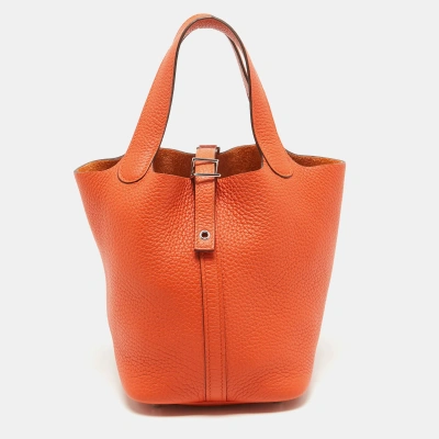 Pre-owned Hermes Feu Taurillon Clemence Leather Picotin Lock 18 Bag In Orange