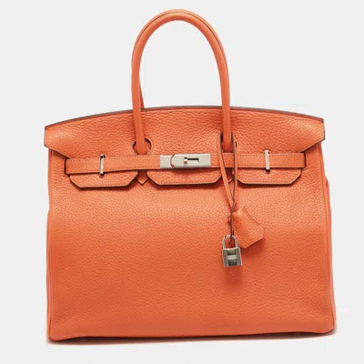 Pre-owned Hermes Feu Taurillon Clemence Palladium Finish Birkin 35 Bag In Orange