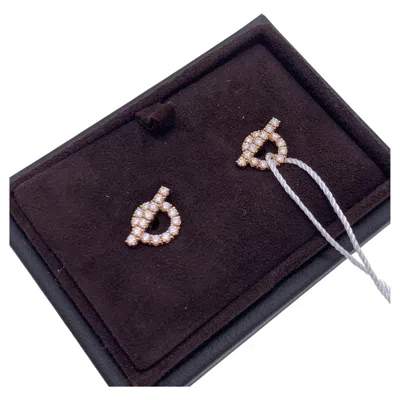 Pre-owned Hermes Hermès Finesse 18k Rose Gold Pave Diamond Stud Earrings In Red