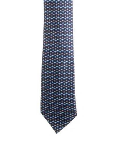 Pre-owned Hermes Fish Patterned Sil Tie In Blue