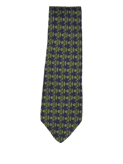 Pre-owned Hermes Fish-print Silk Tie In Blue