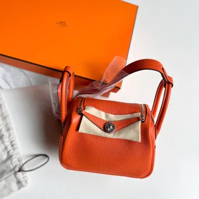 Pre-owned Hermes Flame Orange Leather Mini Lindy Bag