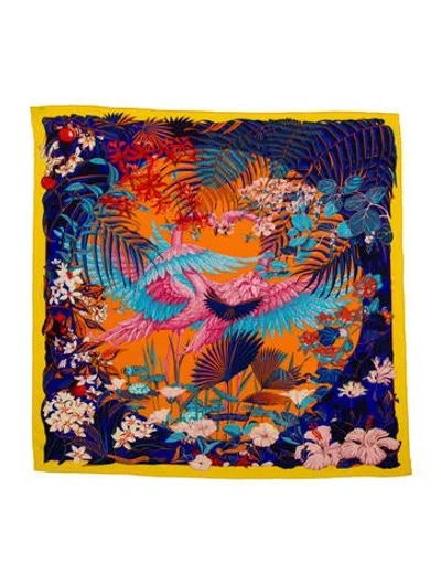 Pre-owned Hermes Flamingo Party Cashmere Shawl W/ Tags In Yellow