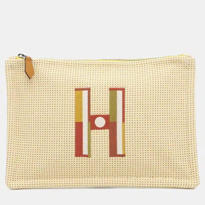 Pre-owned Hermes Flat Pouch With Embroidery "fauve Le Corner" Citron/ochre Toile Chevrons Size Pm In Sand