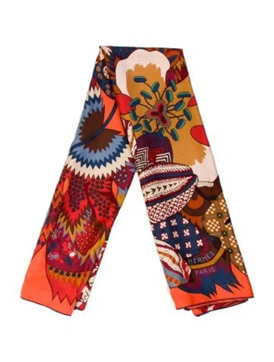 Pre-owned Hermes Fleurs D'indiennes Silk Shawl In Orange