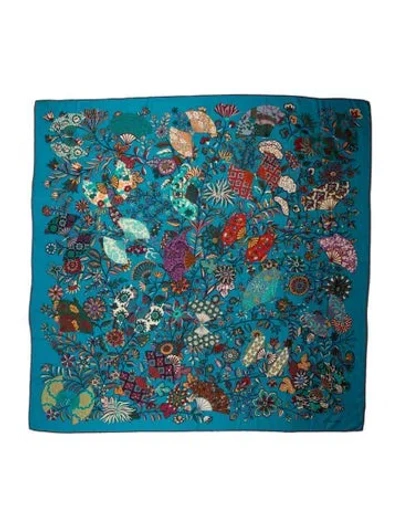 Pre-owned Hermes Fleurs Et Papillons De Tissus Cashmere Shawl In Blue