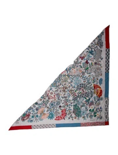 Pre-owned Hermes Fleurs Et Papillons De Tissus Cashmere Triangle Scarf In Gray
