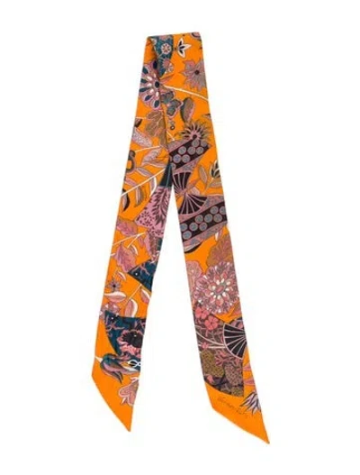 Pre-owned Hermes Fleurs Et Papillons De Tissus Silk Twilly Scarf In Orange