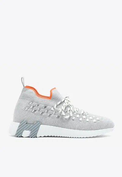 Pre-owned Hermes Flex Slip-on Sneakers In Gris Silex Mottled Knit With Braided Bolduc