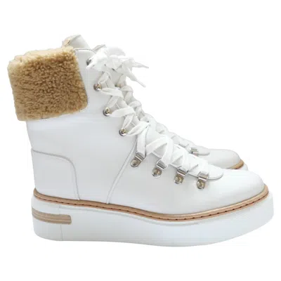 Pre-owned Hermes Flocon Boots Shearling Lined Hiking White Leather Boxed