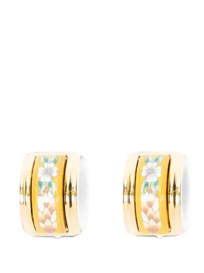 Pre-owned Hermes Floral-motif Enamel Earrings In Gold