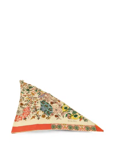 Pre-owned Hermes Floral-print Triangle Scarf In Neutral