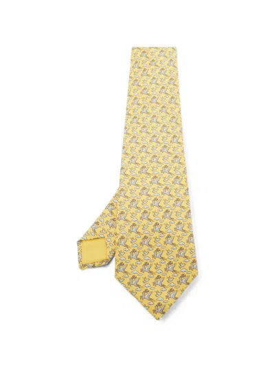 Pre-owned Hermes Flying Reindeer Silk Tie In Yellow
