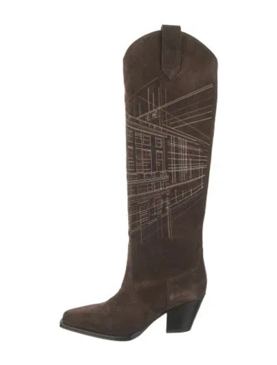 Pre-owned Hermes Folk Suede Western Boots In Brown