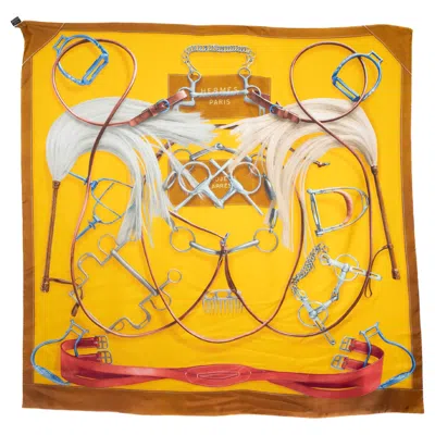 Pre-owned Hermes Foulard / Scarf 'projets Carrés Au Crayon' In Yellow