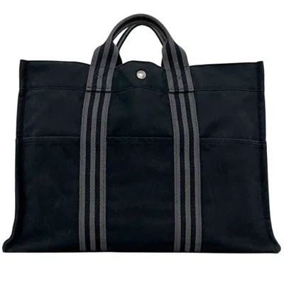 Pre-owned Hermes Fourre Tout Black Gray Cotton Canvas Tote Bag () In Black, Gray