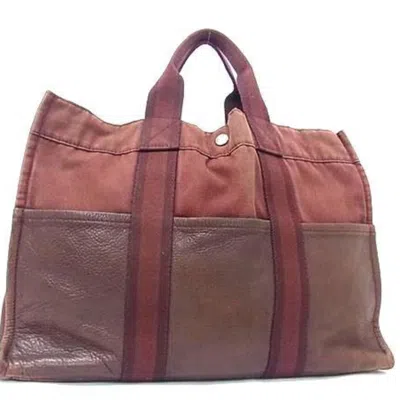 Pre-owned Hermes Fourre Tout Bordeaux Brown Cotton Leather Handbag Tote Bag ()