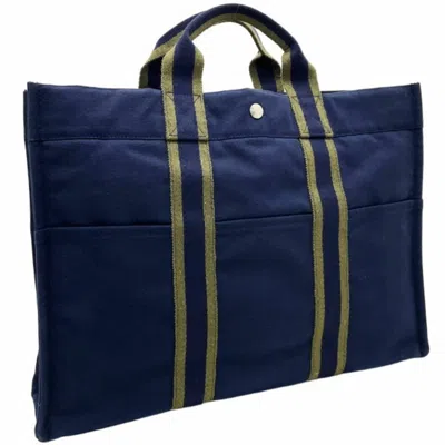 Pre-owned Hermes Fourre Tout Green Khaki Navy Canvas Handbag Tote Bag () In Green, Khaki, Navy