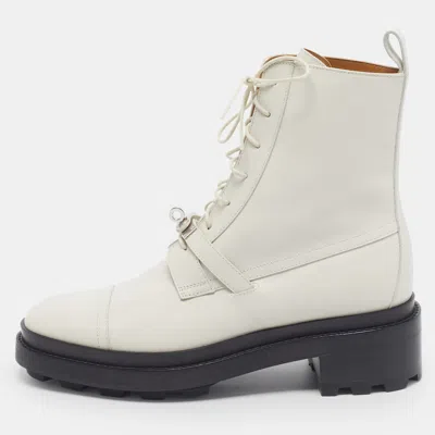 Pre-owned Hermes Funk Size 41 White Leather Lace Up Combat Ankle Boots