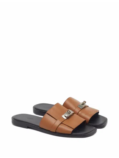 Pre-owned Hermes Gabriel Turn-lock Slides In Brown